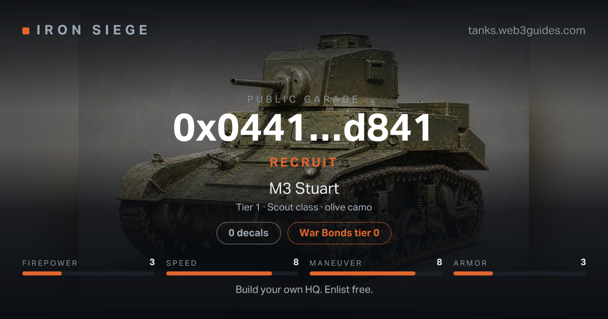 Share card for 0x0441…d841: Recruit, fielding the M3 Stuart.