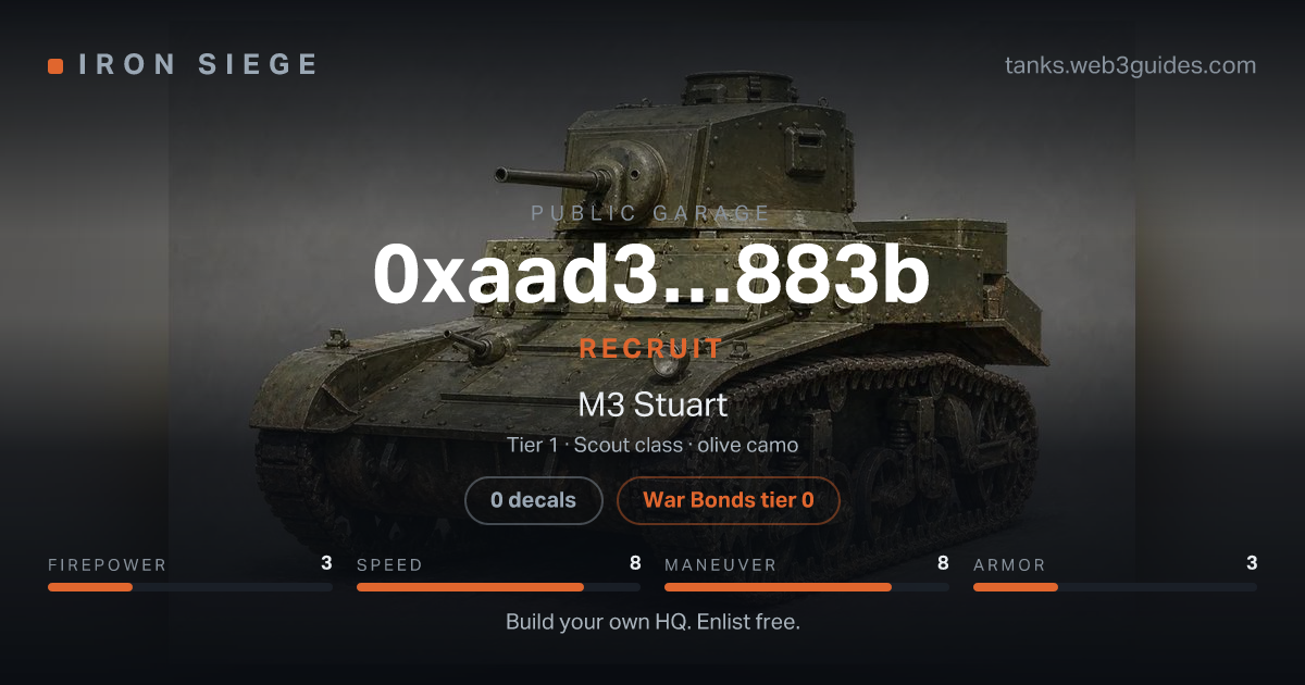 Share card for 0xaad3…883b: Recruit, fielding the M3 Stuart.