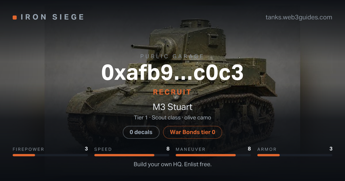 Share card for 0xafb9…c0c3: Recruit, fielding the M3 Stuart.