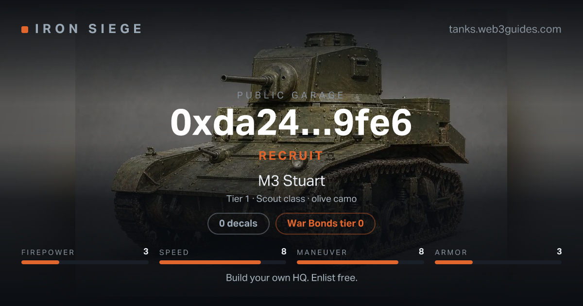 Share card for 0xda24…9fe6: Recruit, fielding the M3 Stuart.