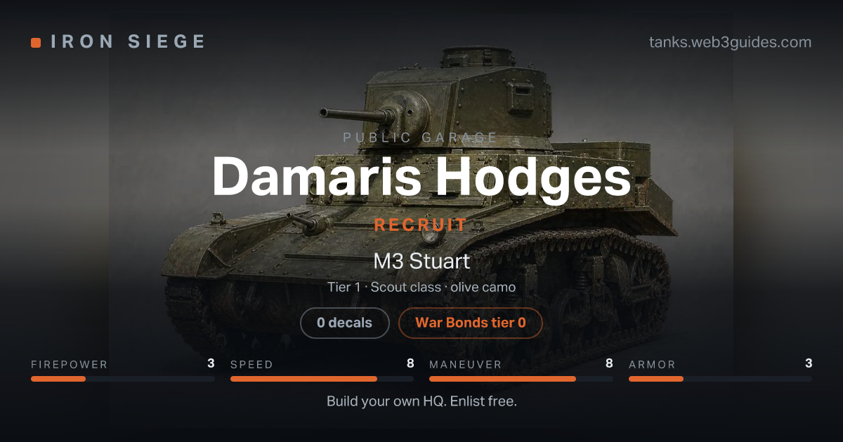 Share card for Damaris Hodges: Recruit, fielding the M3 Stuart.